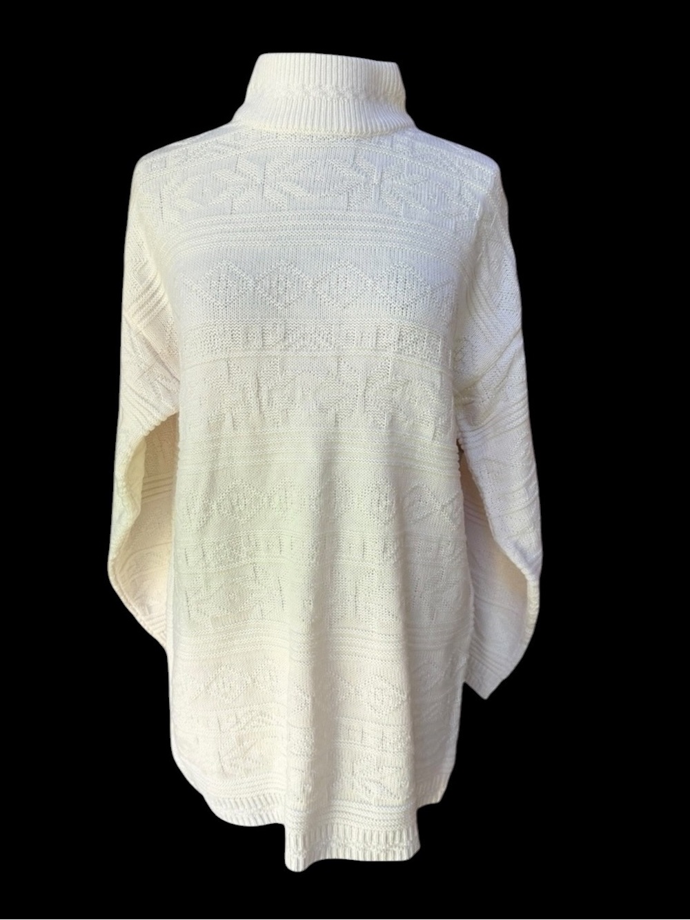 1990s Willow Bay 100% Acrylic Off White Geometric Tonal Knit Turtleneck Poncho S